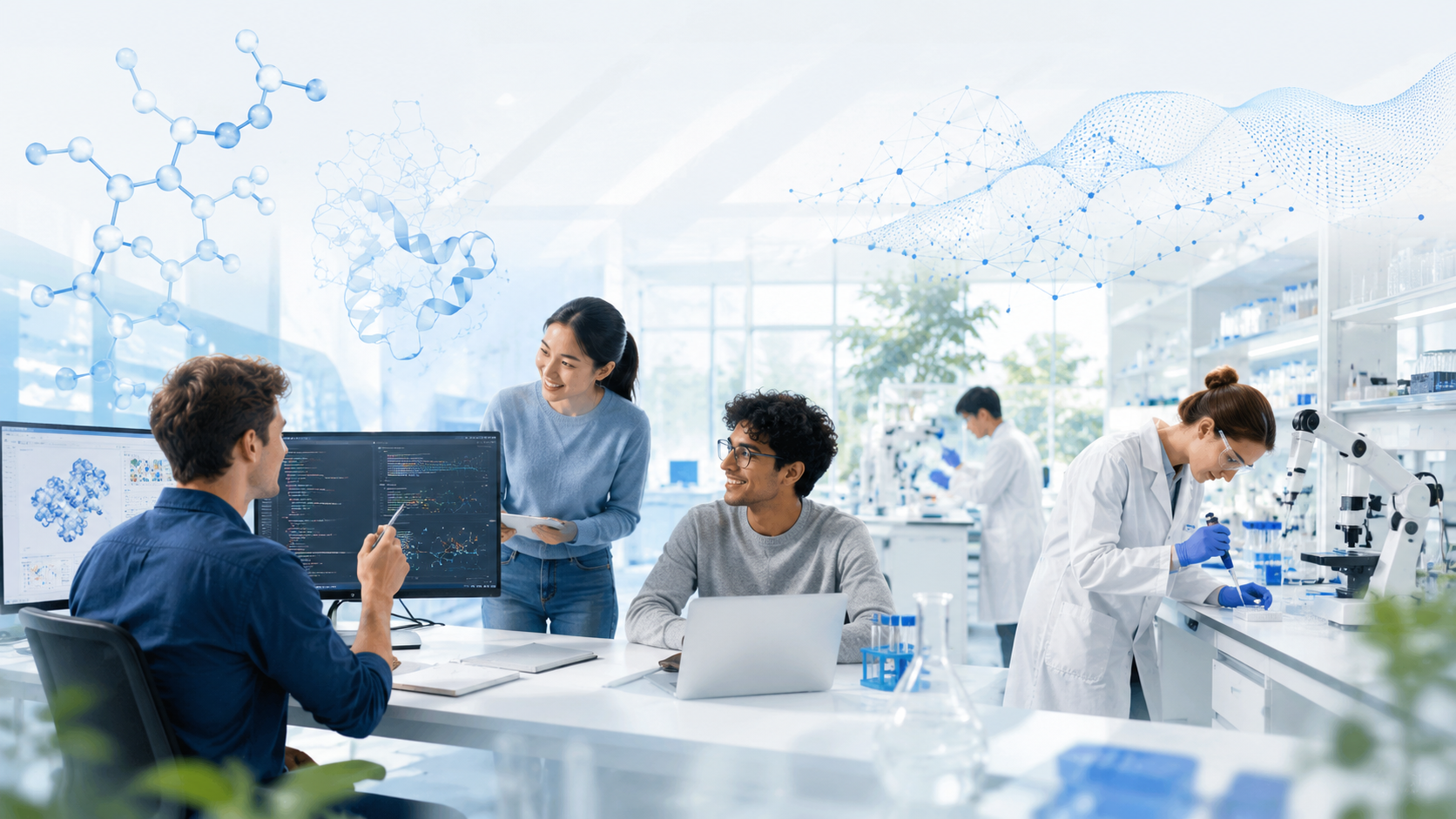 Early-career scientists and mentors in a collaborative biotech environment