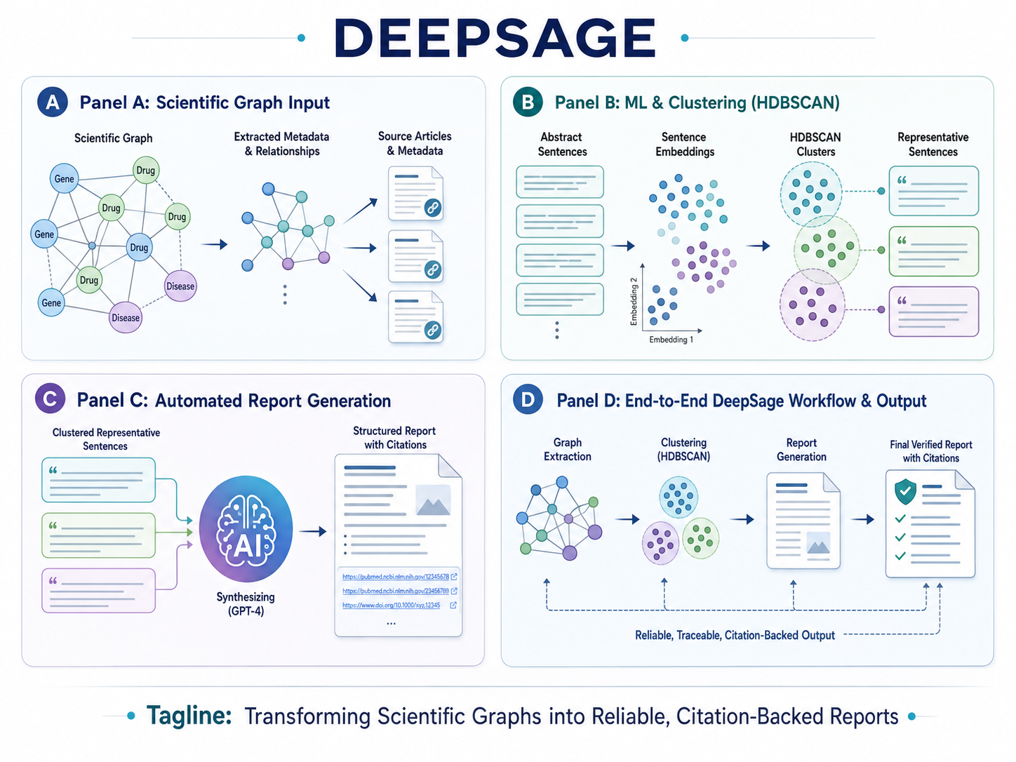 DeepSage workflow from graph input to clustering, report generation and verified citation-backed output