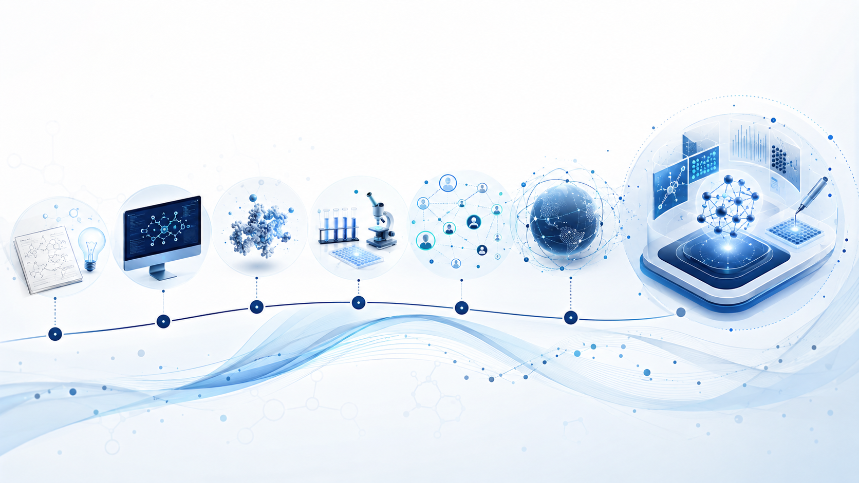 Editorial visual timeline of a scientific startup evolving into an integrated discovery platform